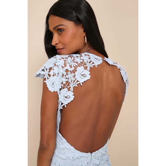 Lulu's Romance Language Baby Blue Crochet Lace Dress Size Large Cocktail party - Picture 3 of 12